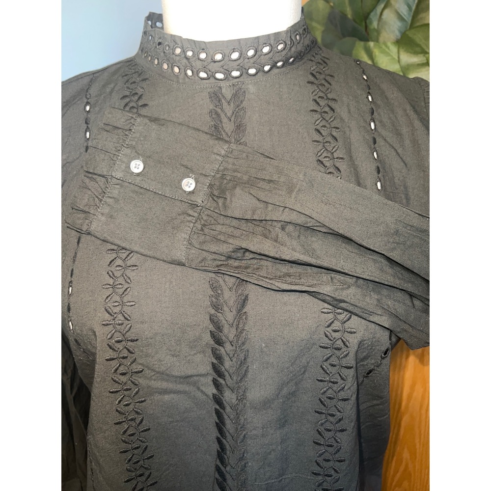 LOFT Womens Olive Green Mock Neck Eyelet Embroidered Long Sleeve Blouse Top M - Picture 3 of 8